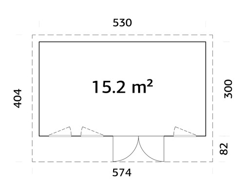 Grundriss eines Gartenhauses mit den Maßen 530 mal 404 Zentimeter und einer Fläche von 15,2 Quadratmetern.