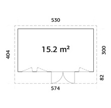 Grundriss eines Gartenhauses mit den Massen 530 x 404 Zentimeter und einer Fläche von 15,2 Quadratmetern
