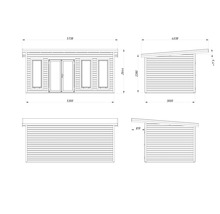 Technische Zeichnung eines Gartenhauses mit Maßen.