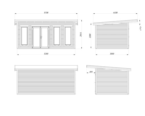 Technische Zeichnung eines Gartenhauses mit Maßangaben