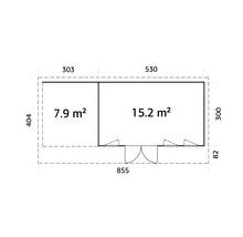 Grundrisszeichnung eines Gartenhauses mit Maßangaben