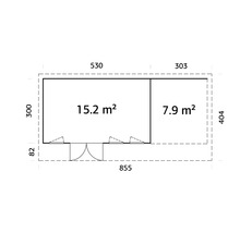 Grundrisszeichnung eines Gartenhauses mit Flächenangaben in Quadratmetern und Maßangaben in Zentimetern.