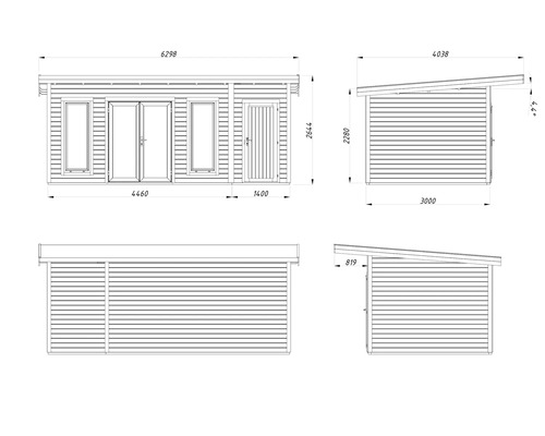 Technische Zeichnung eines Gartenhauses mit Maßen