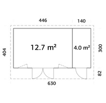 Grundrisszeichnung mit Abmessungen eines Gartenhauses