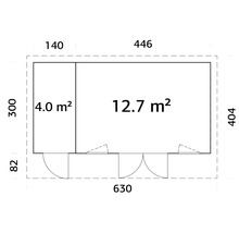 Grundrisszeichnung eines Gartenhauses mit Flächenangaben und Abmessungen