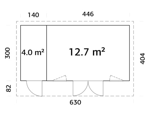 Grundrisszeichnung eines Gartenhauses mit Flächenangaben und Abmessungen