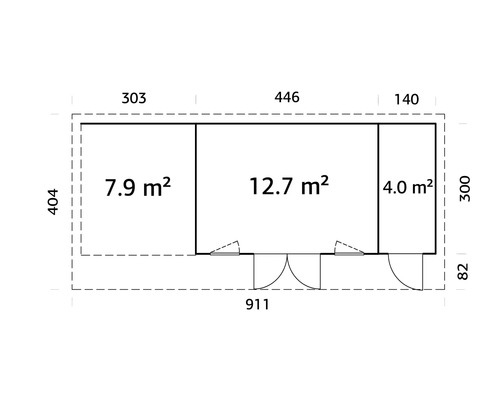 Grundrisszeichnung mit Raummaßen in Quadratmetern und Außenmaßen in Zentimetern