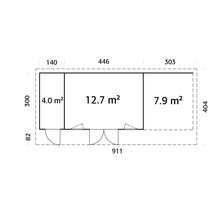 Grundriss eines Gartenhauses mit Flächenangaben in Quadratmetern