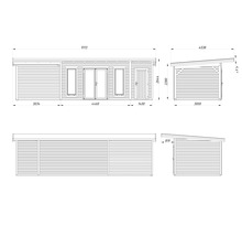 Technische Zeichnung eines Gartenhauses mit Maßen.