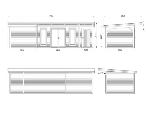 Technische Zeichnung eines Gartenhauses mit Maßen.