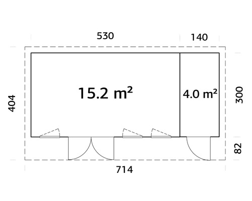 Grundrisszeichnung eines Gartenhauses mit Flächenangaben in Quadratmetern
