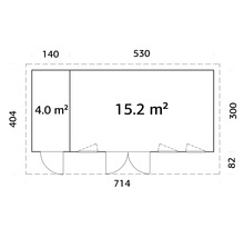 Grundriss eines Gartenhauses mit Maßangaben zu den Abmessungen und der Fläche