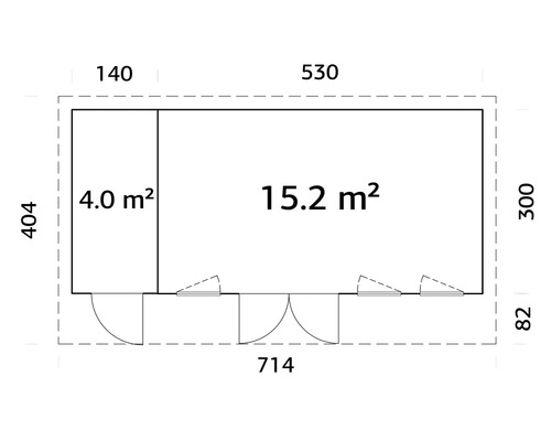 Grundriss eines Gartenhauses mit den Maßen 714 x 404 cm und einer Fläche von 15,2 m² sowie einem Anbau von 4,0 m²