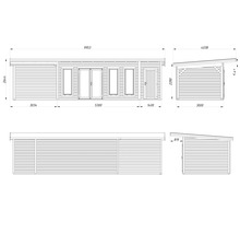 Technische Zeichnung eines Gartenhauses mit Maßangaben