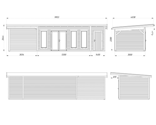 Technische Zeichnung eines Gartenhauses mit Maßangaben