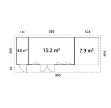 Grundrisszeichnung eines Gartenhauses mit Maßangaben und Flächenberechnung der einzelnen Räume.