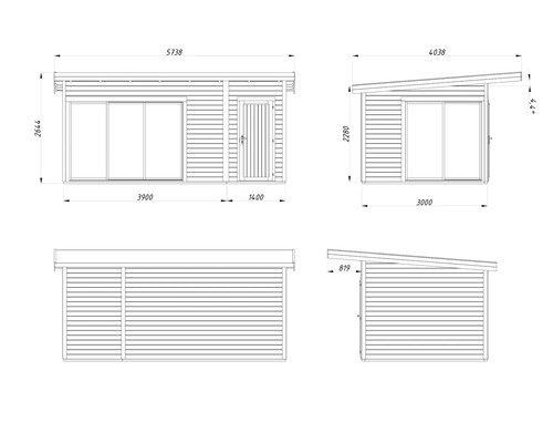 Technische Zeichnung eines Gartenhauses mit Maßangaben
