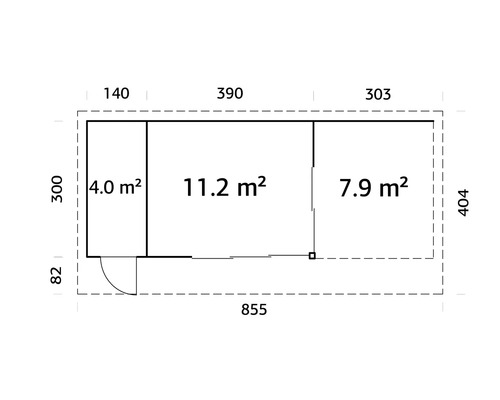 Grundrisszeichnung mit Maßangaben und Flächenberechnungen für ein Gartenhaus