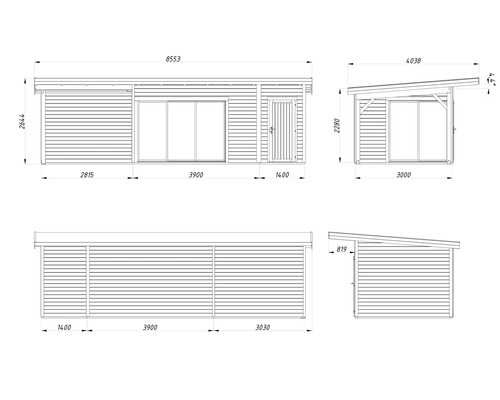 Technische Zeichnung eines Gartenhauses mit Abmessungen