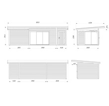 Technische Zeichnung eines Gartenhauses mit Maßen.
