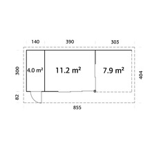 Grundrisszeichnung eines Gartenhauses mit Maßangaben zu den einzelnen Bereichen.