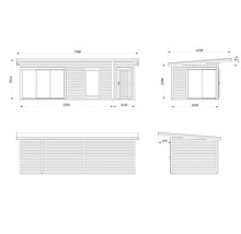 Technische Zeichnung eines Gartenhauses mit Maßen.