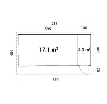 Grundrisszeichnung eines Gartenhauses mit Abmessungen
