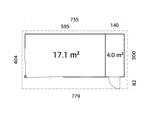 Grundriss eines Gartenhauses mit Flächenangaben in Quadratmetern und Maßangaben in Zentimetern.