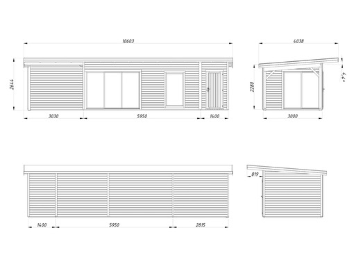 Technische Zeichnung eines Gartenhauses mit Abmessungen