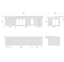 Technische Zeichnung eines Gartenhauses mit Maßen.