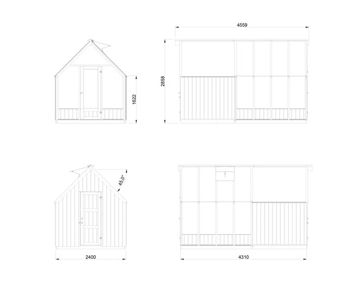 Technische Zeichnung eines Gartenhauses mit Maßangaben.