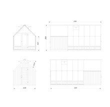 Technische Zeichnung eines Gartenhauses mit Maßangaben.