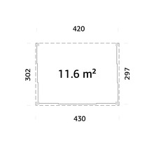 Grundriss mit Abmessungen: 420 mal 430 mal 302 mal 297 Zentimeter, Fläche 11,6 Quadratmeter