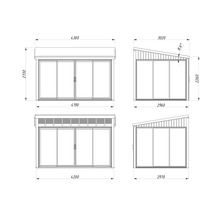 Technische Zeichnung eines Gartenhauses mit Maßangaben