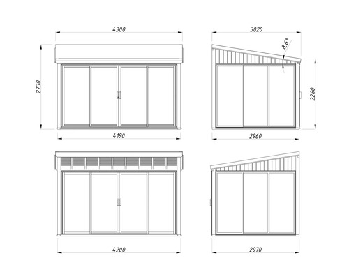 Zeichnung eines Gartenhauses mit Maßangaben