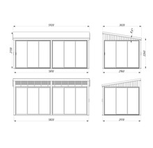 Technische Zeichnung einer Terrassenüberdachung mit Abmessungen.