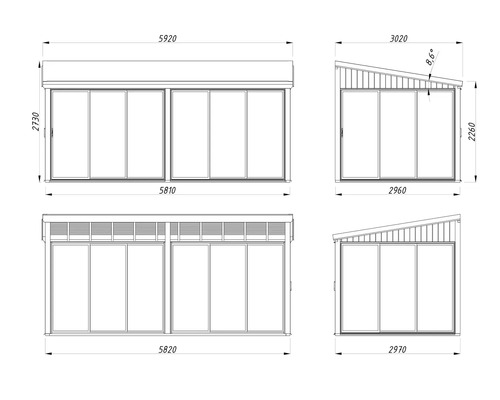 Technische Zeichnung einer Terrassenüberdachung mit Abmessungen.