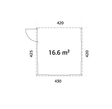 Grundriss eines Gartenhauses mit Maßangaben und einer Fläche von 16,6 Quadratmetern
