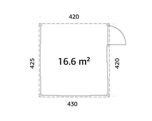 Grundriss eines Gartenhauses mit den Maßen 425 mal 430 mal 420 mal 420 Zentimeter und einer Fläche von 16.6 Quadratmetern