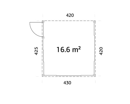 Grundriss eines Gartenhauses mit den Maßen 420 x 430 x 425 cm und einer Fläche von 16,6 Quadratmetern.