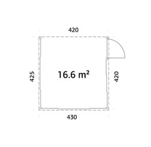 Grundriss mit den Massen 425, 420, 430, 420 und 16,6 Quadratmeter
