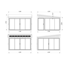 Technische Zeichnung eines Gartenhauses mit Abmessungen