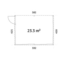 Grundrisszeichnung eines Gartenhauses mit den Maßen 582 mal 592 mal 425 mal 420 und einer Fläche von 23,3 Quadratmetern.