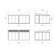 Technische Zeichnung eines Gartenhauses mit Maßangaben