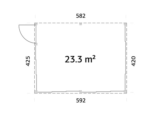 Grundrisszeichnung eines Gartenhauses mit Tür, Seitenlängen und einer Fläche von 23.3 Quadratmetern