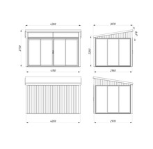 Technische Zeichnung eines Gartenhauses mit Maßen