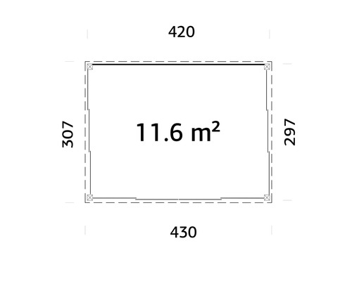 Grundriss mit Maßen: 420 mal 307 Zentimeter, 430 mal 297 Zentimeter und 11,6 Quadratmeter Fläche