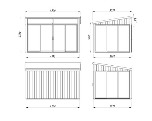 Technische Zeichnung eines Gartenhauses mit Maßangaben