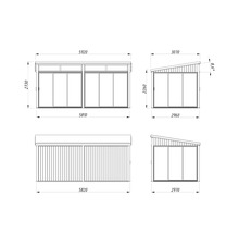 Technische Zeichnung eines Gartenhauses mit Maßangaben.