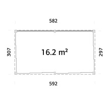 Grundriss mit Maßen: 582 x 592 x 307 x 297 und 16.2 Quadratmeter
